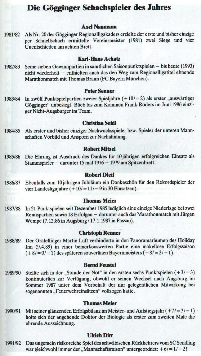 Gögginger Schachspieler des Jahres bis 1992